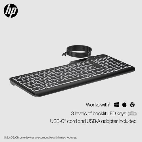 HP 400 Backlit Wired Keyboard (Ash Wired) - Warm White LED Illuminated Keys w/ 3 Brightness Levels - Slim & Portable Design - 12 Programmable Keys - Spill-Resistant, Sanitizable