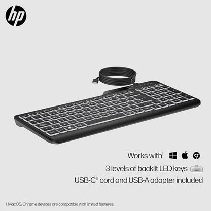 HP 400 Backlit Wired Keyboard (Ash Wired) - Warm White LED Illuminated Keys w/ 3 Brightness Levels - Slim & Portable Design - 12 Programmable Keys - Spill-Resistant, Sanitizable