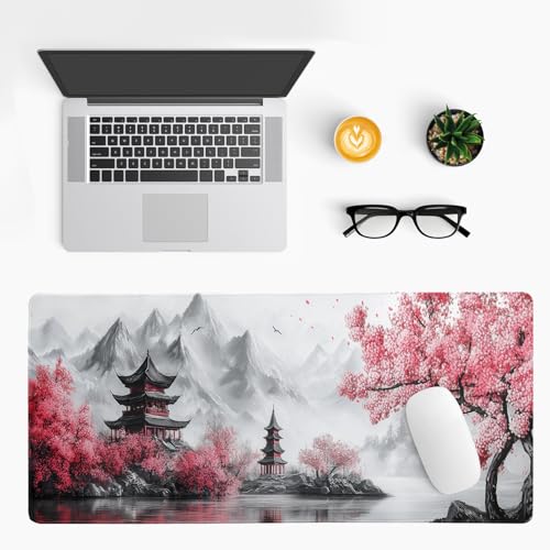 Retro Cherry Blossoms Mouse Pad 31.5x11.8 Inch White Full Desk Japanese Mousepad Extended Large Non-Slip Rubber Base Waterproof Big Keyboard Mat with Stitched Edges for Gaming and Office - color: Retro Cherry Blossoms