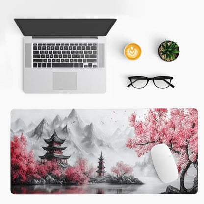Retro Cherry Blossoms Mouse Pad 31.5x11.8 Inch White Full Desk Japanese Mousepad Extended Large Non-Slip Rubber Base Waterproof Big Keyboard Mat with Stitched Edges for Gaming and Office - color: Retro Cherry Blossoms