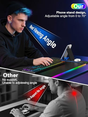 Mouse Pad with Foldable Phone Holder & Wireless Charger, XXL RGB Gaming Mousepad 31.5"x15.8" Large Desk Mat for Keyboard, Black Desk Pad with Dual Qi Charging Station | 11 Colors 5 Modes | Waterproof - color: 31.5x15.75"Phone Stand-Black Upgraded