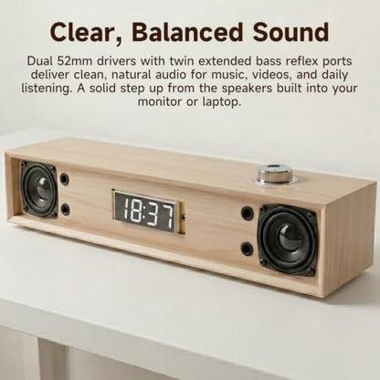 Sanyun SW012 Desktop PC Soundbar, USB-C for Power and Audio & Bluetooth 5.4 | Music & Conference Modes, MDF Wood Cabinet with Clock Display, Built-in 16bit DAC, Clear balanced sound, Plug and Play, White