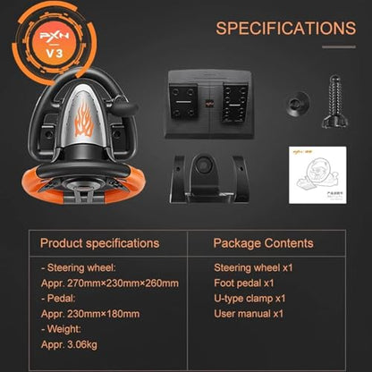 PXN V3 PRO Racing Wheel with Pedals for PC, Xbox, PS4, Switch | 11-Inch Wheel, Vibration Feedback, Paddle & Sequential Shifting, 180° Steering, 2-Pedal, Plug & Play Setup for Easy Gaming - color: Orange