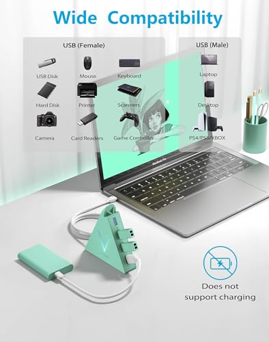 USB 3.0 Hub,4 Port USB Hub Tower,2ft Cable USB Splitter for PC, Xbox One, PS4, PS5, iMac, Surface Pro, XPS, Laptop, Desktop, Flash Drive, Mobile HDD (Green) - color: Green-A