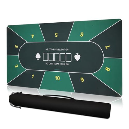 Poker Table Top Mat 70"x35" Blackjack Poker Mat with Non Slip Rubber Backing and Carry Bag for Home Poker Card Game Night Up to 10 Players (Green) - color: Green