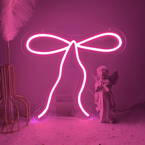 Bow Neon Sign, Pink Ribbon Bow Neon Signs for Wall Decor Pink LED Neon Light for Girl's Girly Room Bridal Shower Wedding Nursery Christmas Birthday Party Gift Dimmable USB Powered (10.2"*9.6") - style: Pink Bow
