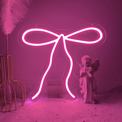 Bow Neon Sign, Pink Ribbon Bow Neon Signs for Wall Decor Pink LED Neon Light for Girl's Girly Room Bridal Shower Wedding Nursery Christmas Birthday Party Gift Dimmable USB Powered (10.2"*9.6") - style: Pink Bow