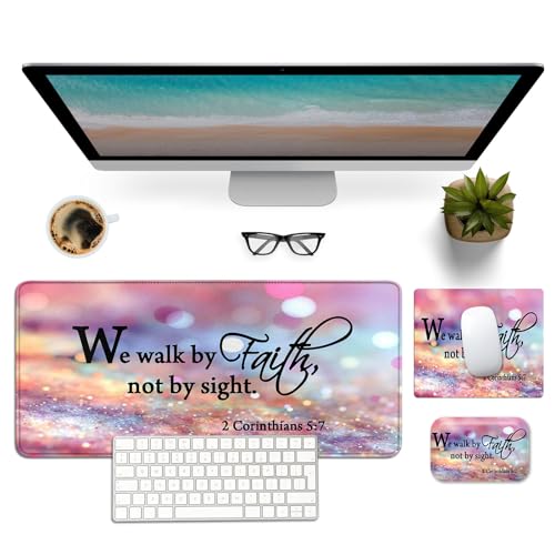 Mouse Pad Desk Mat Ergonomic Wrist Support Pad Set,Mouse Wrist Rest Keyboard Pad with Stitched Edges and Non Slip Base-We Walk by Faith Pink Purple Glitter - color: We Walk By Faith