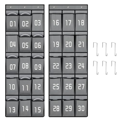 2 Pack Numbered Classroom Headphone Storage Organizer with 30 Pockets, Grey | Over the Door Headphone Holder, Hanging Classroom Pocket Chart for Headphones, Cell Phones Classroom Storage & Organization - color: Grey
