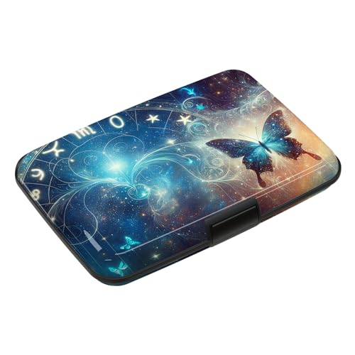 RFID Blocking Credit Card Protector, Blue Butterfly Aluminum ID Case Hard Shell Business Card Holders Metal Wallet for Men or Women - color: Starry Sky Blue Butterfly