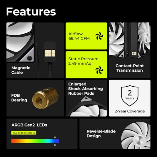Tryx 120mm Case Fan Reverse Blade ARGB PC Computer Quiet Fan 3in1 Cooler, Upgraded Pogo-Pin Connection with Magnetic Cable，ARGB Gen2 LEDs，New Version ROTA SL，Black - color: 3in1 Black, size: Reverse Fan