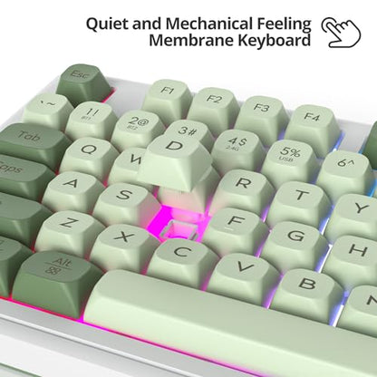 Fogruaden 96% Wireless Green Keyboard with Number Pad and Knob, Mechanical Feel, RGB Quiet Matcha Membrane Gaming Keyboard, Spill-Resistant, 3-Modes USB Rechargeable Silent Creamy Keyboard for Win/Mac - color: Matcha