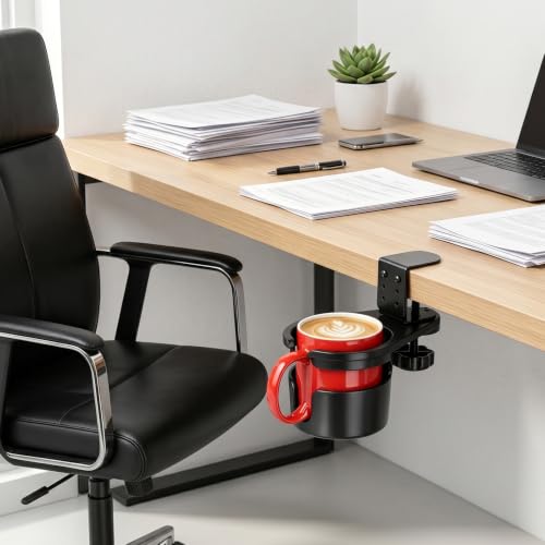 MYITYARD Desk Cup Holder Clamp, Anti-Spill Clip On Table Cup Holder, Rotatable Water Bottle Stand Drink Coffee Mug Storage, Office Accessories for Home and School (Black) - color: Black