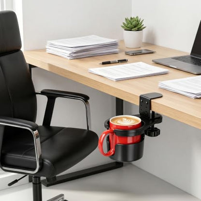 MYITYARD Desk Cup Holder Clamp, Anti-Spill Clip On Table Cup Holder, Rotatable Water Bottle Stand Drink Coffee Mug Storage, Office Accessories for Home and School (Black) - color: Black