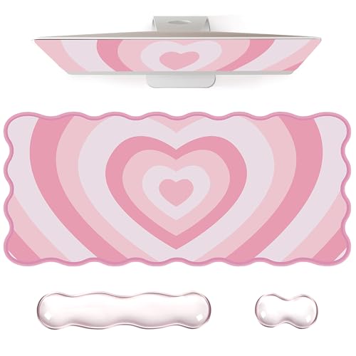 L-SPOUTTO Pink Heart Mouse Pad Set,Scalloped XXL Desk Mat + Ergonomic Mouse Wrist Rest + Gel Keyboard Wrist Rest for Keyboard 65%/75%,3in1 Large Desk Pad for Desktop Home Office Computer Game - color: Pink Heart