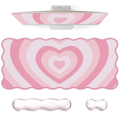 L-SPOUTTO Pink Heart Mouse Pad Set,Scalloped XXL Desk Mat + Ergonomic Mouse Wrist Rest + Gel Keyboard Wrist Rest for Keyboard 65%/75%,3in1 Large Desk Pad for Desktop Home Office Computer Game - color: Pink Heart