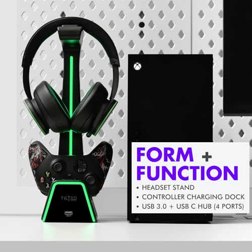 Tilted Nation 3 in 1 Gaming Headset and Controller Stand for PS5 and Xbox Series X Charging Station - Game Controller Holder and Headphone Stand for Desk with PlayStation and Xbox Magnetic Charger - color: Black