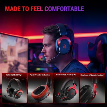 QCY Heroad VT200 Gaming Headset for PC: 53mm Neodymium Drivers - Detachable Noise Canceling Microphone - 2.4G/Bluetooth 6.0/Wired - Compatible for PS4/PS5, Switch, Xbox - 7.1 Surround Sound - color: Red