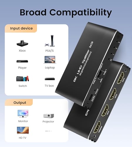 avedio Links HDMI 2.1 Splitter 8K@60Hz 1 in 3 Out 4K@120Hz, 1×3 HDMI Splitter for Multiple Monitors(Only Copy Input Screen), Hdmi Splitters for Gaming Support 48Gbps, HDCP 2.3, RGB 4:4:4