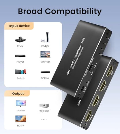 avedio Links HDMI 2.1 Splitter 8K@60Hz 1 in 3 Out 4K@120Hz, 1×3 HDMI Splitter for Multiple Monitors(Only Copy Input Screen), Hdmi Splitters for Gaming Support 48Gbps, HDCP 2.3, RGB 4:4:4