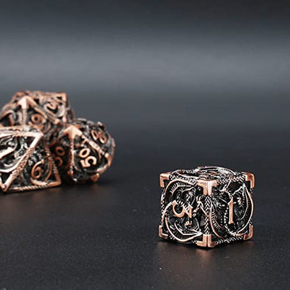 Hollow Metal DND Dice 7Pcs Set for Dungeons and Dragons RPG MTG | D&D Pathfinder Shadowrun and Math Teaching,Large D4,D6,D8,D10,D12,D20 freaky multi sided Dice Set D and D Dice with Gift Box - color: Red Copper