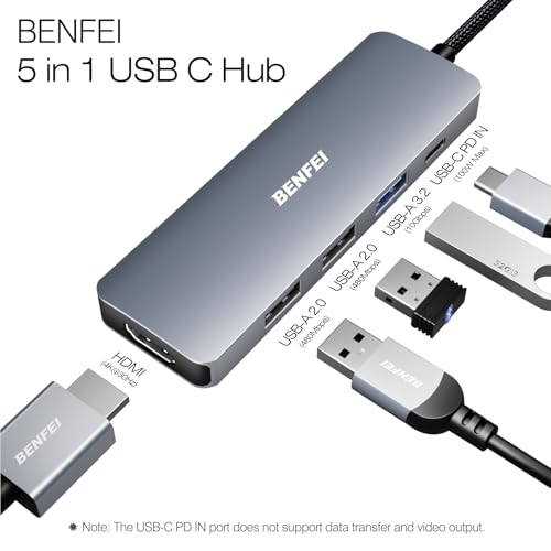 BENFEI USB C Hub 5-in-1 with 4K HDMI(Certified), 100W Power Delivery, 3 USB-A, Silicone Cable, Aluminum Case Compatible with MacBook Pro/Air, iPad Pro, iMac, iPhone 15 Pro/Pro Max, XPS, Thinkpad - color: Gray, size: 5-in-1