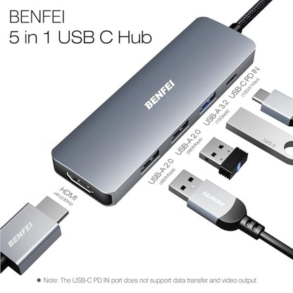 BENFEI USB C Hub 5-in-1 with 4K HDMI(Certified), 100W Power Delivery, 3 USB-A, Silicone Cable, Aluminum Case Compatible with MacBook Pro/Air, iPad Pro, iMac, iPhone 15 Pro/Pro Max, XPS, Thinkpad - color: Gray, size: 5-in-1