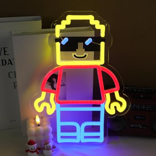 Building Blocks Man Neon Signs for Wall Decor - Block Figure LED Signs with Dimmer Switch, 8.7"x11.8", UV Printed, 5V Power Neon Lights for Boys Roo
