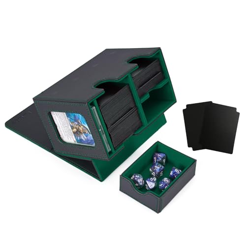 Venssu MTG Deck Box for Commander Display with dice tray,Card Deck Box Fits 160 Double Sleeved /200 Single Sleeved trading Cards, Deck Box TCG with 2 Dividers and 1 magnetic card holder (Black＆Green) | Holds 200 Single/160 Double-Sleeved Cards, Fit MTG/PT