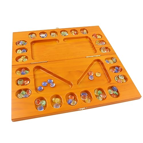 GSE 4-Player Folding Wooden Mancala Board Game, Oak | 100 Multi-Color Glass Stones, Storage Bag, Portable Family Travel Strategy Game, For Kids & Adults, Family Game Night - color: 4-player Oak