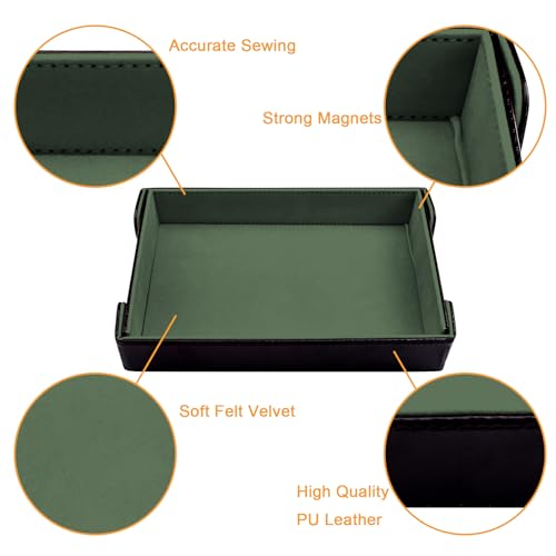 SIQUK Magnetic Folding Dice Tray Rectangle Dice Rolling Tray PU Leather Trays Foldable Holder Rolling Mat Storage Box for D&D RPG Games, Dark Green - color: Dark Green