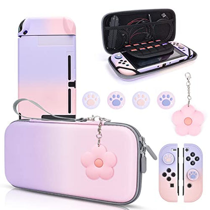 DLseego Pink and Purple Switch Case Set Gradient Carrying Case with 10 Slots Cute Protective Dockable Hard Shell with 4PCS Glitter Cat Paw Thumb Grips Caps and 1PC Flower Blossom Chain For Switch 2017 - color: Pink and Purple, size: Switch 1 6.3inch