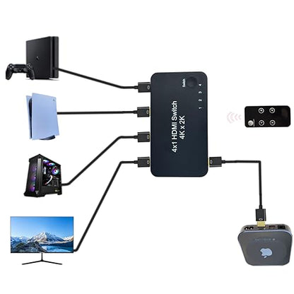 HDMI 4 in 1 Out switcher, 4K@60hz HDMI Switcher | Supports HDR, 3D, Dolby, Compatible with Laptops, PC, Xbox Series, PS5 / PS4, Projector,Compatible with Mac/Linux/Win