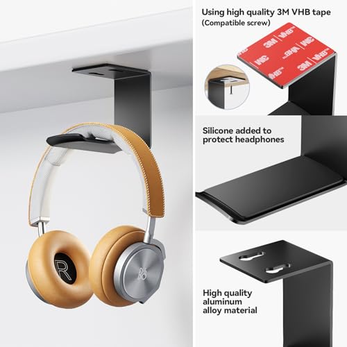 Headphone Stand Hanger,Headset Holder Mount,Aluminum Hook with Strong Adhesive Tape for Headphones (H02-Black-1PCS)