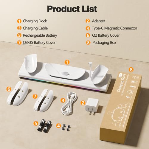 Charging Dock for Meta Quest 3S/3/2, PD 20W Fast Charging Station-Meta/Oculus Quest 3S/3/2 Accessories, Magnetic Charger Stand for VR Headset/Controller, RGB Light, Rechargeable Batteries&USB-C Cable
