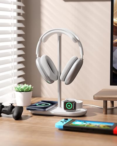 HiWe Headphone Stand, 2-in-1 MagSafe Wireless Charger for iPhone/iWatch | Headset Holder for All Headphones, Aluminum Alloy Bar, ABS Solid Base, PU Headrest, Table Desk Organizer - color: White