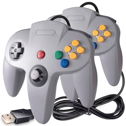 KIWITATA 2 Pack Classic N64 USB Controller, Retro N64 USB Wired Game Pad Joystick Controller for Windows PC/Mac Laptop Computer RetroPie Gray - color: Grey