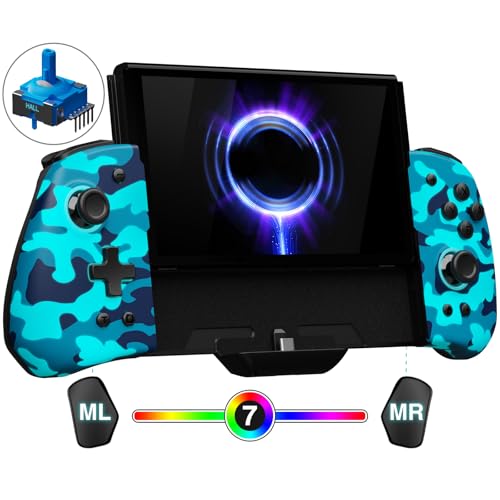 Switch Handheld Controller for Nintendo Switch Joycon Replacement, Camo-Blue Switch Joypad Controller with Hall Effect Joysticks, Ergonomic One Piece Controles Customizable with Adjustable RGB, Turbo, Mapping - color: Camo Blue