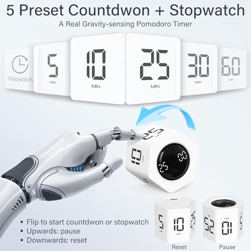 Rotating Pomodoro Timer 5, 25, 10 30,60 Mins Preset Stopwatch, Desk Flip ProductivityTimer, ADHD Tool Hexagon, Vibration/Mute/Alarm, for Work, Study, Back to School, Kitchen, White - color: White