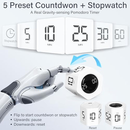 Rotating Pomodoro Timer 5, 25, 10 30,60 Mins Preset Stopwatch, Desk Flip ProductivityTimer, ADHD Tool Hexagon, Vibration/Mute/Alarm, for Work, Study, Back to School, Kitchen, White - color: White
