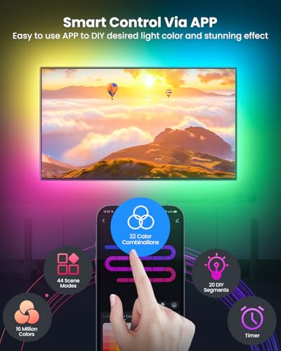 9.84ft LED Lights for 32-43 Inch TV, RGB+IC TV Lights Backlight Strip Behind, with 44 Scene Modes, Bluetooth APP and Voice Control, Music Sync Smart Ambient Lighting for Gaming, Bedroom, Living Room - size: 9.84ft
