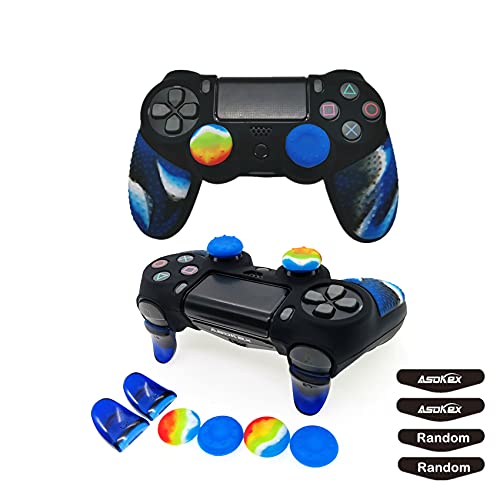 Silicone Skin Cover for Ps4 Slim/Pro DualShock Controller(1pc Anti-Slip Case, 1 Pair L2 R2 Trigger Extender, 4pcs Thumb Grips,4pcs LED Light Bar Protector Decal)(Double Blue granular) - color: Double Blue granular
