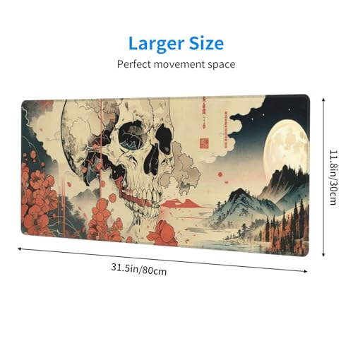 Large Gaming Mouse Pad Desk Mat, Japanese Retro Skull and Floral Extended Keyboard Mouse Pad Mousepad with Non-Slip Base and Stitched Edge Mouse Mat Desk Pad Mouse Pads for Home Office, 31.5 x 11.8 - color: Japanese Retro Skull and Floral