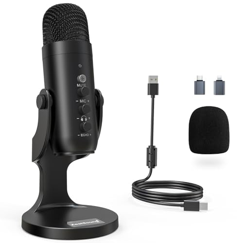 ZealSound Podcast Microphone for PC, Noise Cancellation USB Mic with Gain, Volume Adjustment & Mute Button, Monitoring & Echo, for YouTube, TikTok, Podcasting, Streaming, iPhone, iPad, Android, Mac - color: Black