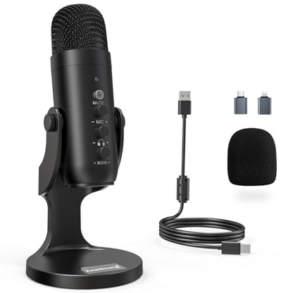 ZealSound Podcast Microphone for PC, Noise Cancellation USB Mic with Gain, Volume Adjustment & Mute Button, Monitoring & Echo, for YouTube, TikTok, Podcasting, Streaming, iPhone, iPad, Android, Mac - color: Black