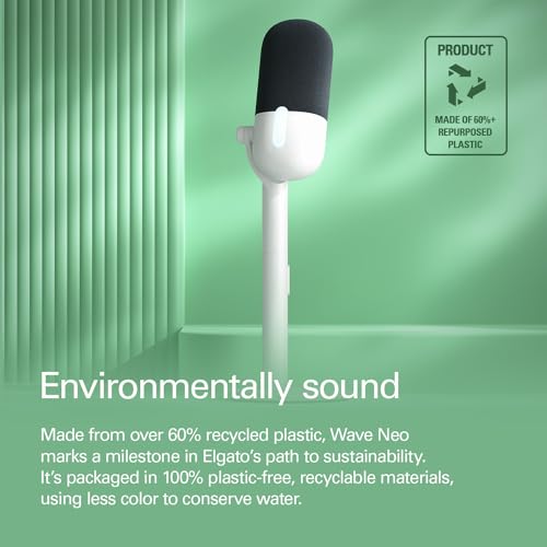 Elgato Wave Neo USB Condenser Microphone, Tap to Mute | High-rise stand design, LED mute indicator, Zero-delay headphone monitoring, Plug and play, Zero-plastic packaging