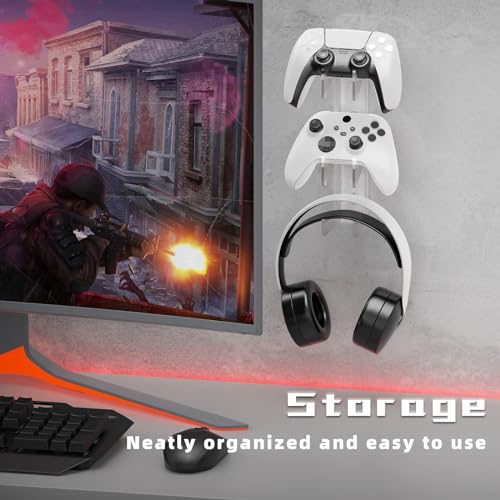 Controller Holder Wall Mount, Dual Game pad Controller & Headphone Hanger, for Switch/PS/PS5/Xbox360/Xbox One/S/X/Elite/Series S/X Wall-Mounted Transparent Bracket for Controllers, Screws Installation