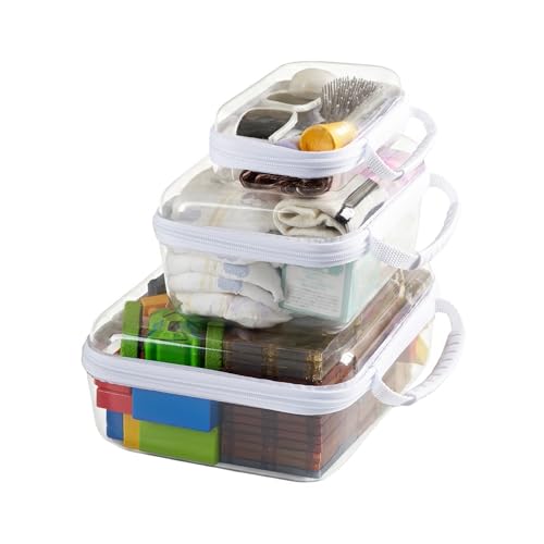 3PCS Travel Essentials for Toiletries, 1.2MM Clear Hard Shell Zipper Case | Makeup Bag for Cosmetics, Puzzles and Snacks, Clear Travel Bag for Diaper Bag Organizer, with Handles - color: White, size: Handle LMS