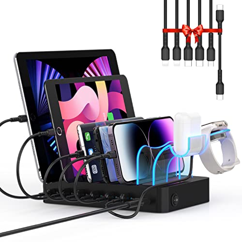 SooPii 6-Port PD Charging Station for Multiple Devices, 20W PD USB C Fast Charging for lPhone 14/13/12,6 Short Cables Included, 2 in 1 Holder,for Phones,Tablets and Others,Black - color: Black