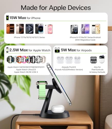 3 in 1 Charging Station for Apple Devices, 15W Fast Wireless Charger Compatible with MagSafe Charging Stand for iPhone 17 16 15 14 13 12 Series, Watch Charger Stand for Apple Watches & Airpods - size: 15W Max for Phone